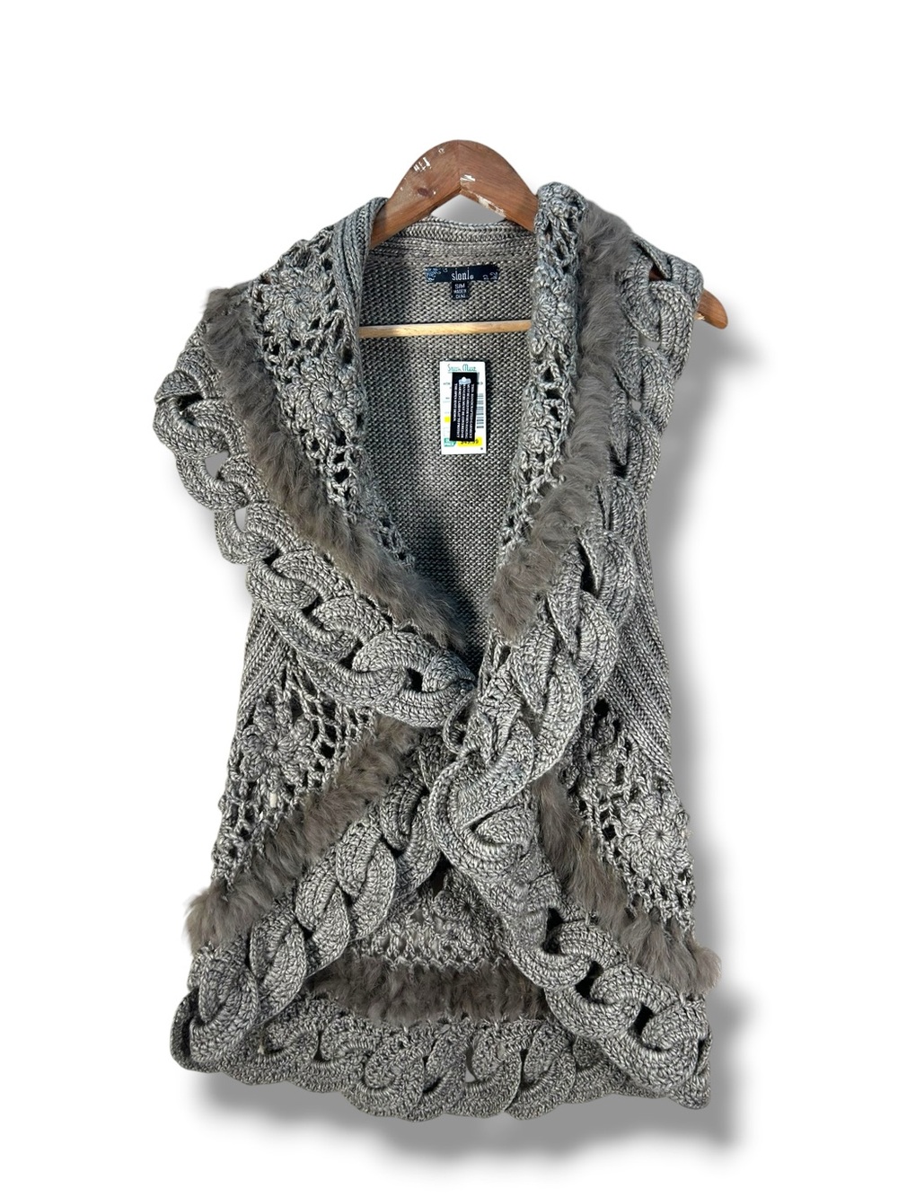 NWT Vintage Sioni Rabbit Fur Trimmed Knit Sweater Vest Size S/M